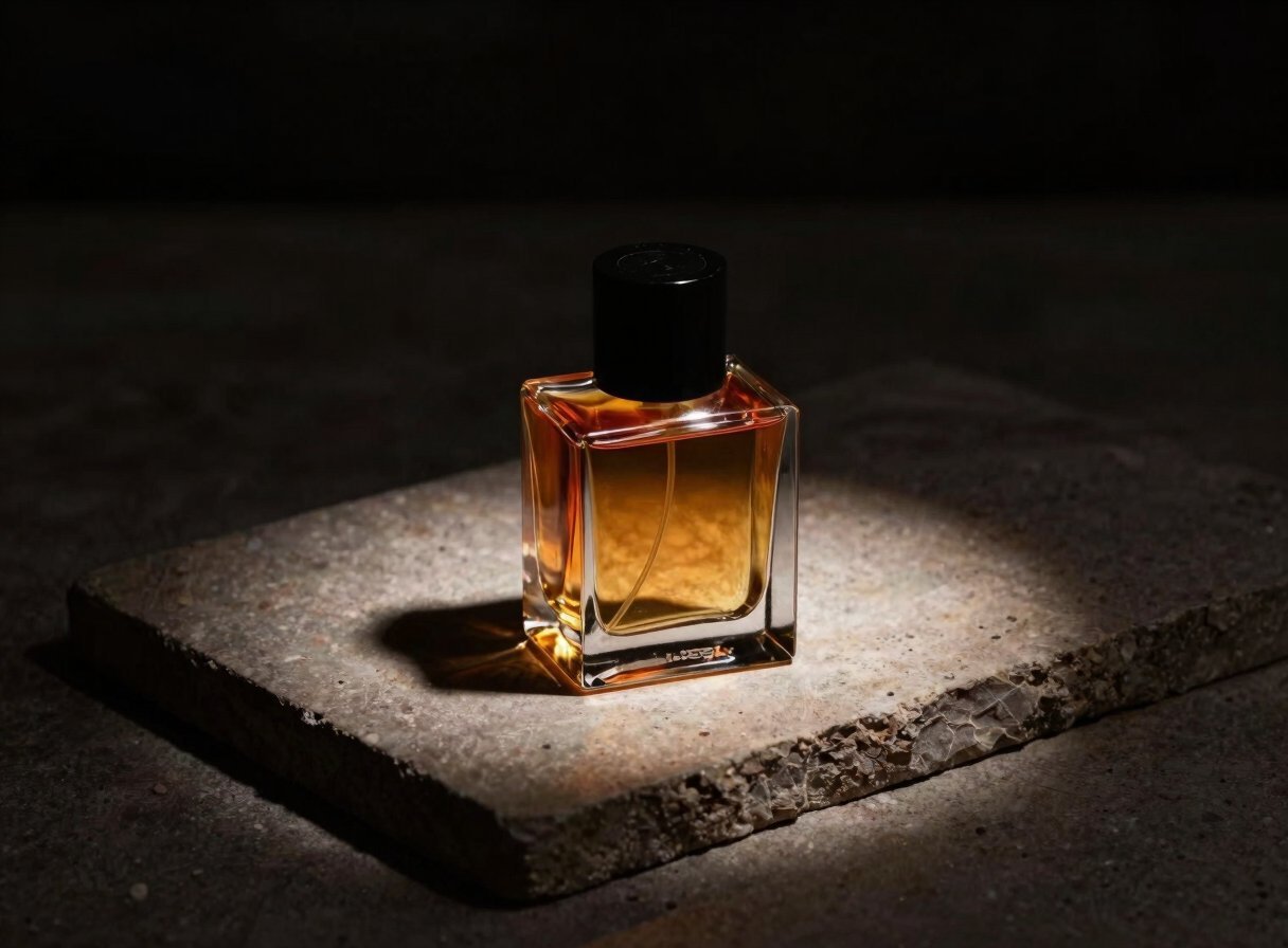 A fragrance bottle on stone, lit from the side
